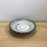 小鹿田焼の4.5寸皿 刷毛目 フチ緑